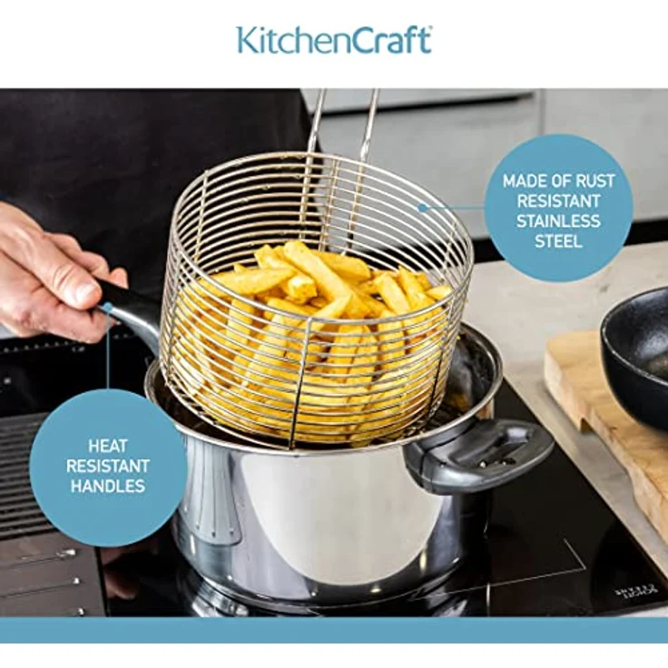 KitchenCraft Großer Pommes Kochtopf mit Frittierkorb und Deckel, Fritteuse Topf für alle Herdarten inklusive Induktionskochfeld, Pommes Körbchen Edelstahl, Silber, Ø 20 cm – Bild 4
