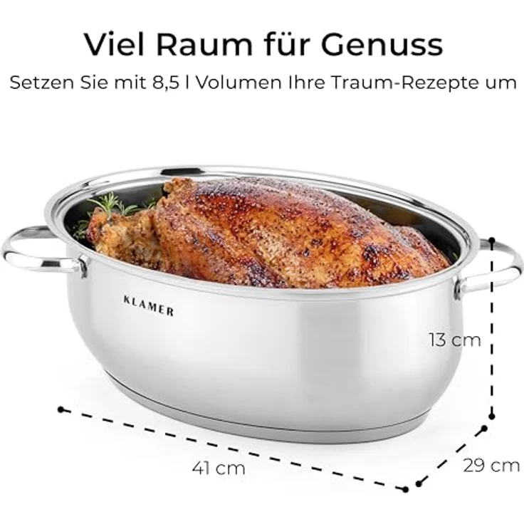 KLAMER Bräter mit Deckel 41 cm, 8,5L XXL Edelstahl Bräter für alle Herdarten, inkl. Induktion, mit 4L Deckelpfanne – Bild 4
