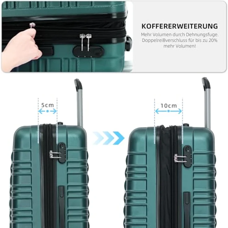 BEIBYE Hartschalen Koffer Trolley Kofferset, 3-teilig (Dunkelgrün) mit Zwillingsrollen, integriertes Zahlenschloss und erweiterbarem Stauraum – Bild 4