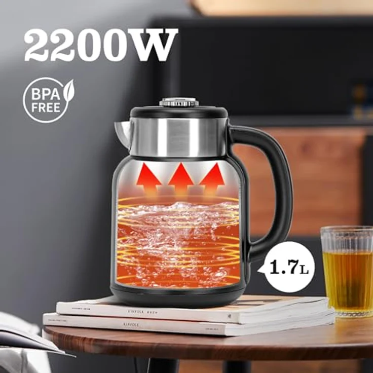 Taylor Swoden Asher, Edelstahl Wasserkocher mit Temperaturregelung, 2200 W, 1,7 L, LED-Anzeige, 1 Stunde Warmhaltefunktion, Automatische Abschaltung – Bild 2