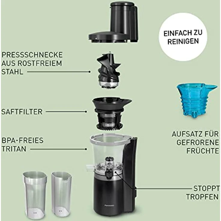 Panasonic Slow Juicer MJ-L700KXE (Entsafter Gemüse und Obst, Zitruspresse automatisch, Entsafter, Edelstahl, Kunststoff, 150 W, mattschwarz) – Bild 4