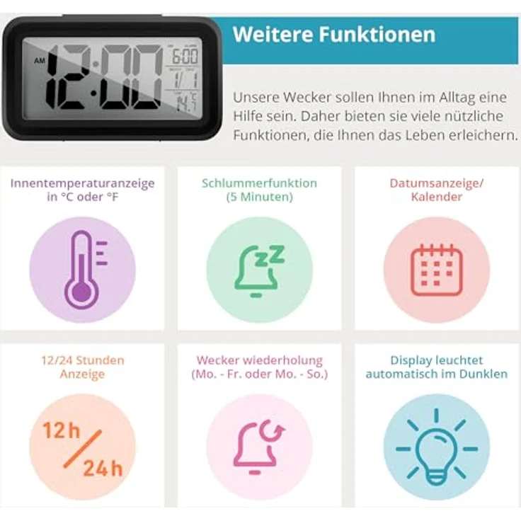 Mebus digitaler Wecker 1594101, Kunststoff Schwarz mit Lichtsensor, 2 Weckzeiten, Innenthermometer und Hintergrundbeleuchtung – Bild 3