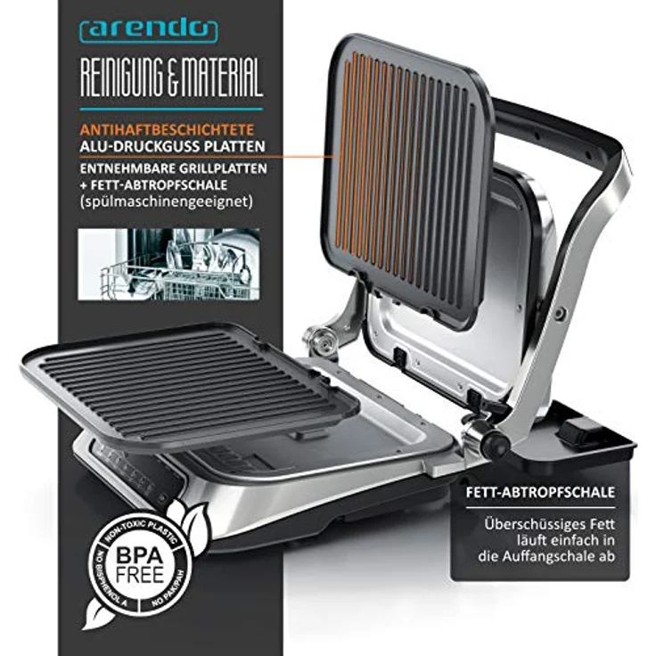 Arendo Kontaktgrill - Elektrogrill mit Digitalsteuerung 1900 W - elektrischer Tischgrill Sandwichmaker - 7 Programme - antihaft beschichtetes Edelstahl - abnehmbare Platten Abtropfschale - GS – Bild 6