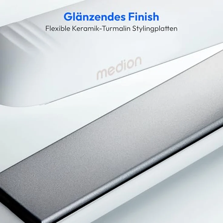MEDION Glätteisen HS1 (Display, 5 regelbare Hitzestufen, 165° bis 210°, breite flexible Keramik - Turmalin Heizplatten, Silikon Schutzhülle, Temperatursensor, Haarglätter) weiß – Bild 2