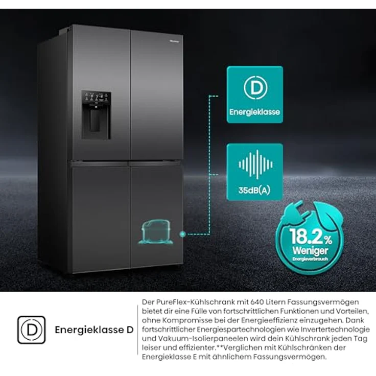 Hisense RQ5P640SYKD French Door Kühl-Gefrier-Kombination, 390 l Kühlvolumen, 250 l Gefriervolumen, schwarz, mit LED-Innenbeleuchtung und Schnellgefrier-Funktion – Bild 8