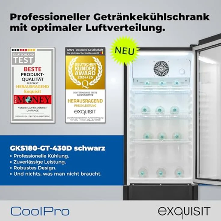 exquisit Getränkekühlschrank GKS180-GT-430D, 200l Glastürkühlschrank mit LED-Beleuchtung, Umluftventilator, 3 Ablagen, manuelle Temperaturregelung – Bild 2