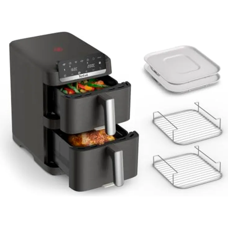 Tefal Easy Fry Crispy Stack, Doppelkammer-Heißluftfritteuse mit EvenFry-Technologie, 6 Programme, platzsparendes Design