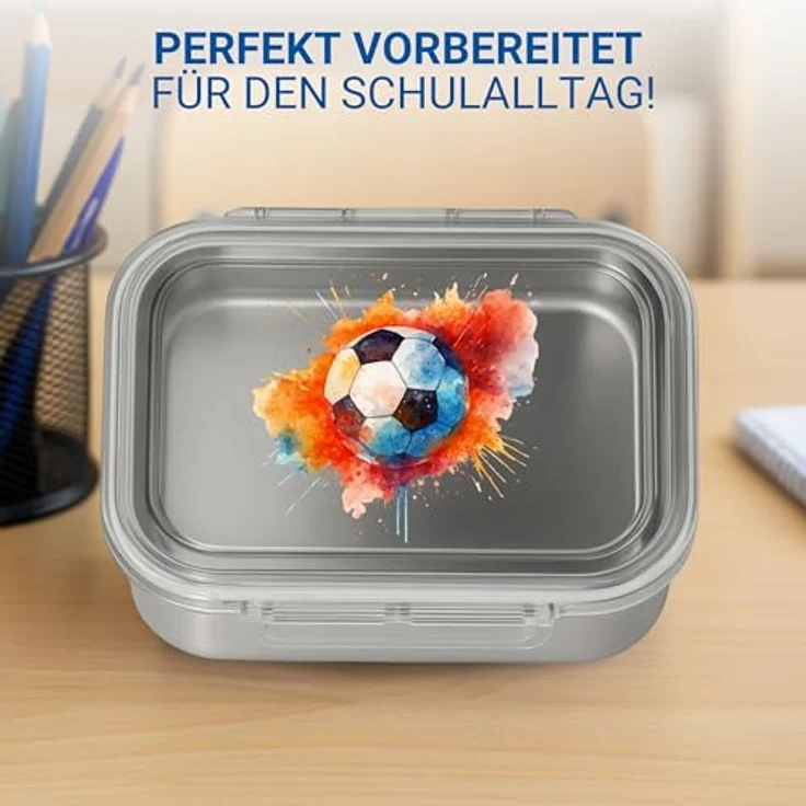 elasto Edelstahl Brotdose Kinder 'Storage', 1000 ml mit Trennwand und Fußballmotiv für Schule und Kindergarten – Bild 6