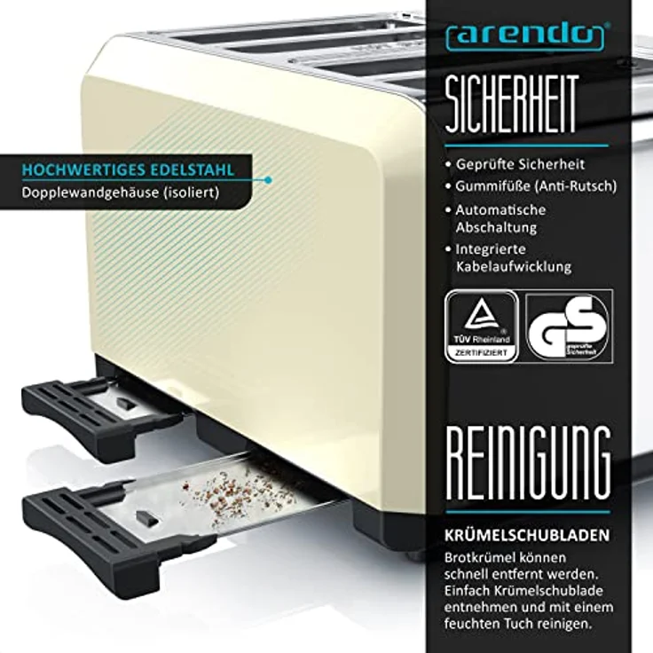 Arendo BREAKFAST X2 Automatik Toaster 4 Scheiben - Edelstahlgehäuse - Bräunungsgrad 1-6 - Aufwärm- und Auftaufunktion - Krümelschubladen - 1630 Watt - GS-Zertifiziert – Bild 5