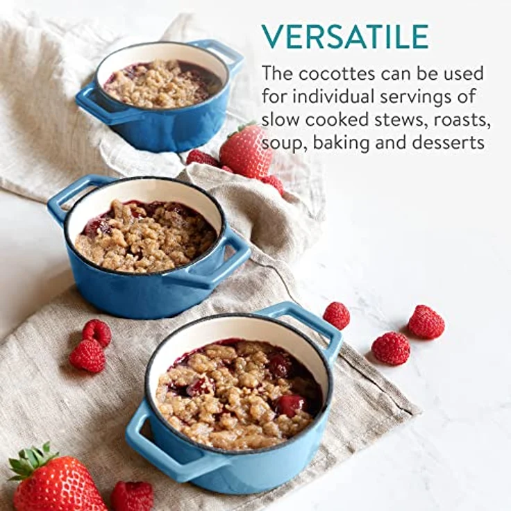 Navaris Mini Cocotte Set - 4x Gusseisen Mini Topf Blau - Ofenfest bis 260°C - Optimale Wärme Distribution - Mini Auflaufform mit Deckel - Kleine Dessert Töpfe – Bild 3