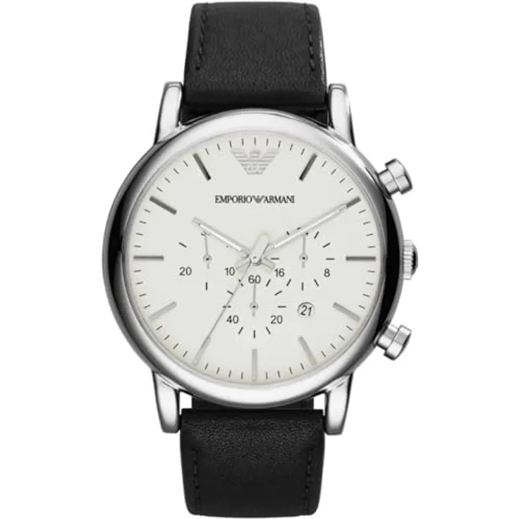 Emporio Armani Herrenuhr AR1807, QuarzChronographenwerk, 46mm Silber / Stahl Edelstahlgehäuse, schwarzes Lederarmband