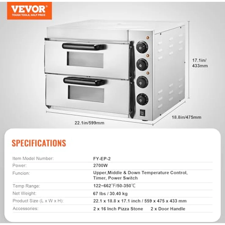 VEVOR Kommerzieller Pizzaofen FY-EP-2, elektrischer Edelstahl-Pizzaofen mit 2-lagigem Design, 16 Zoll und präziser Temperatursteuerung, Silber – Bild 7