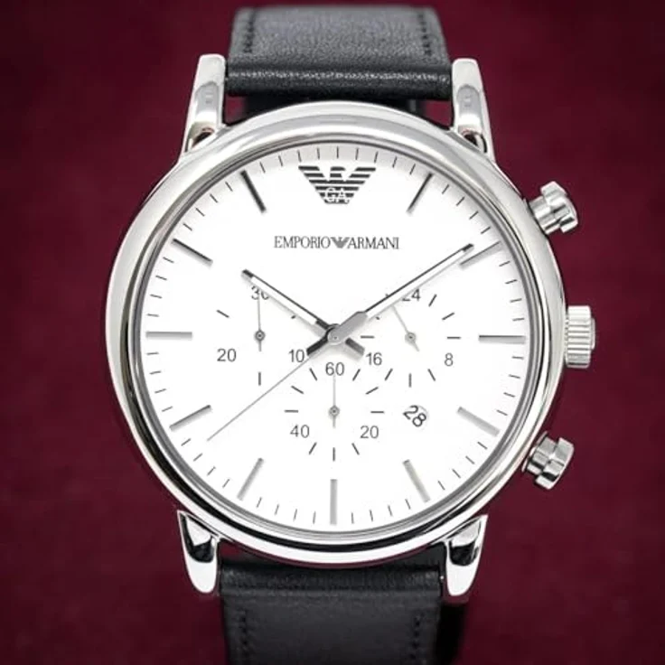 Emporio Armani Herrenuhr AR1807, QuarzChronographenwerk, 46mm Silber / Stahl Edelstahlgehäuse, schwarzes Lederarmband – Bild 2