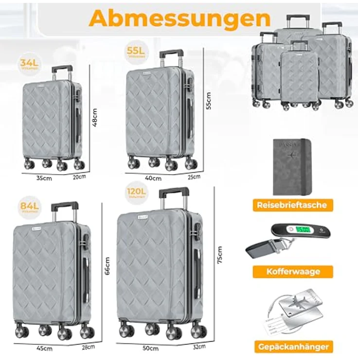 KESSER® Reisekoffer Set 4-teilig, ABS Hartschalenkoffer mit Zahlenschloss, Kofferwaage, Reisebrieftasche und 360° Rollen, Handgepäck & große Koffer in Iron Grey – Bild 2
