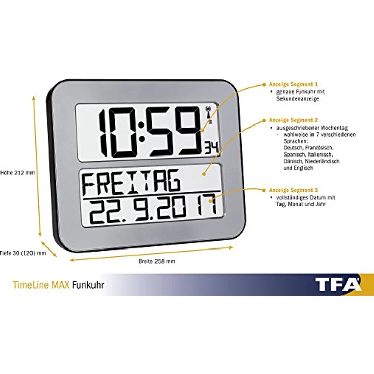 TFA Dostmann TimeLine Max Funkuhr, Wanduhr, digital, mit Wochentag und Weckfunktion, Silber, 60.4512.54,L 258 x B 30 (120) x H 212 mm – Bild 2