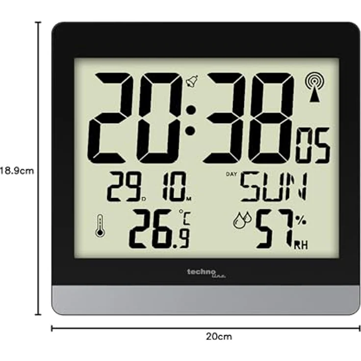 Technoline Funkwanduhr WS 8014, Schwarz, DCF-77 Funkuhr mit Datums- und Wochentagsanzeige, Innentemperatur- und Luftfeuchteanzeige, Weckalarm mit Schlummerfunktion – Bild 3