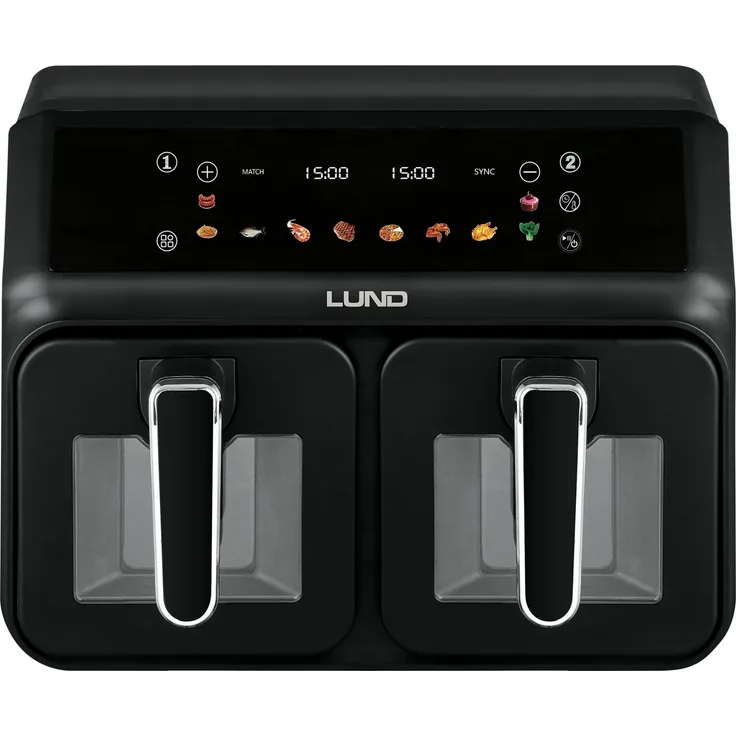 Lund Heißluftfritteuse 2200 W, multifunktionale fettfreie Fritteuse mit zwei separaten Schalen, digitalem Bedienfeld und LCD-Display