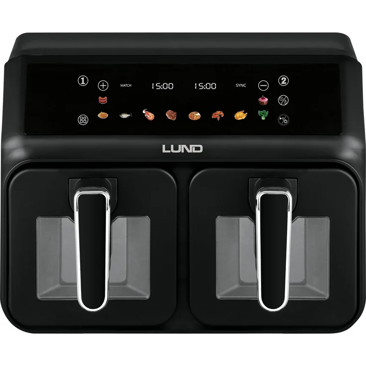 Lund Heißluftfritteuse 2200 W, multifunktionale fettfreie Fritteuse mit zwei separaten Schalen, digitalem Bedienfeld und LCD-Display