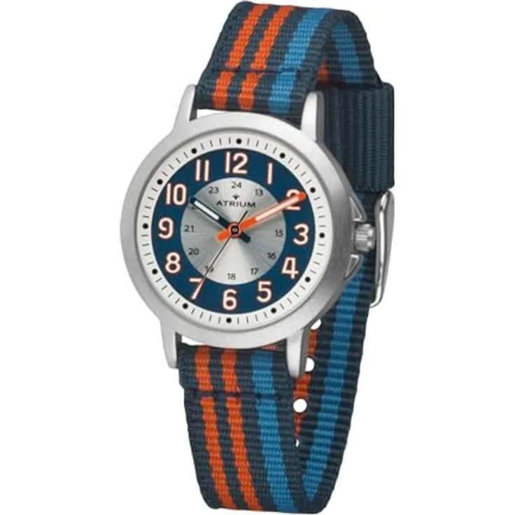 Atrium A50-12 Kinder Armbanduhr Jungen Analog Quarz, extra deutlich mit gestreiftem Nylonband in dunkelblau, orange und hellblau, 30mm, 3 bar wasserdicht