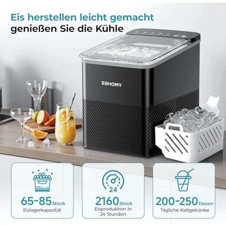 EUHOMY Eiswürfelmaschine, kompaktes Design, Ein-Knopf-Einstellung, 9 bullet-förmige Eiswürfel in 2 Größen, automatische Reinigung, intelligente Warnungen, transparenter Deckel, schwarz – Bild 3