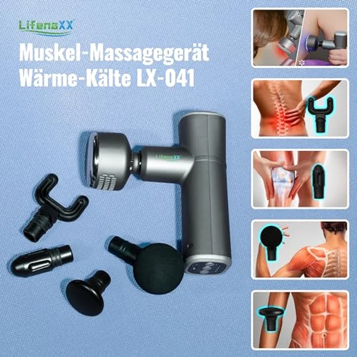 Lifenaxx Muskel-Massagegerät Wärme-Kälte-Therapie Pro LX-041 - Massagepistole mit 6 Stufen, 5 Massageköpfe, 2000mAh Batterielaufzeit in Schwarz – Bild 2