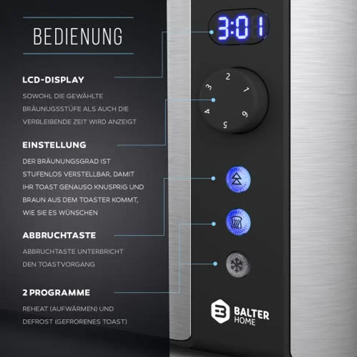 Balter TS-04-LCD, 4-Scheiben Langschlitztoaster mit 1500W, LCD Display, Restzeitanzeige, Doppelwandgehäuse, Brötchenaufsatz, Auftaufunktion, Silver – Bild 3