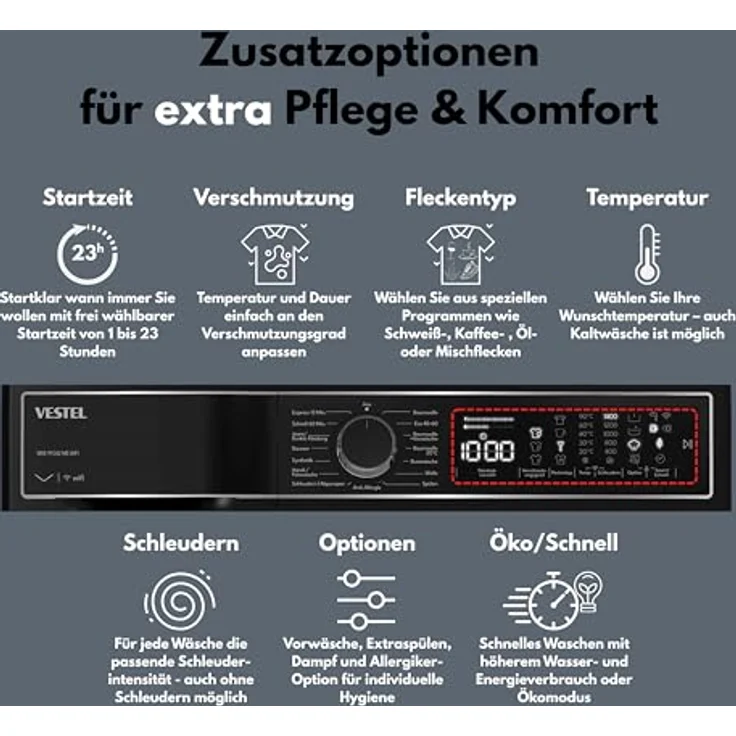 VESTEL WMI 99342 MB WIFI, Frontlader Waschmaschine, 9 kg, 1400 U/min, Inverter-Motor, Dampf, WiFi, AquaStop+, mattschwarz – Bild 4