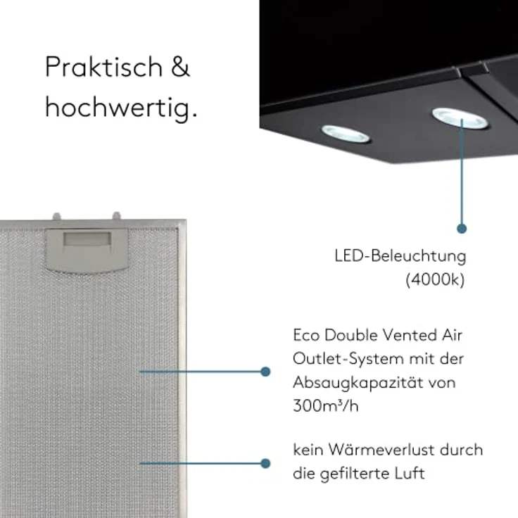 Wiggo Dunstabzugshaube 60cm kopffrei I Abluft Umluft Dunstabzug 300m³/h - LED Touch-Display 3 Stufen I Schräghaube inkl. Fettfilter & 2x Kohlefilter I Abzugshaube mit Glasfront schwarz – Bild 3