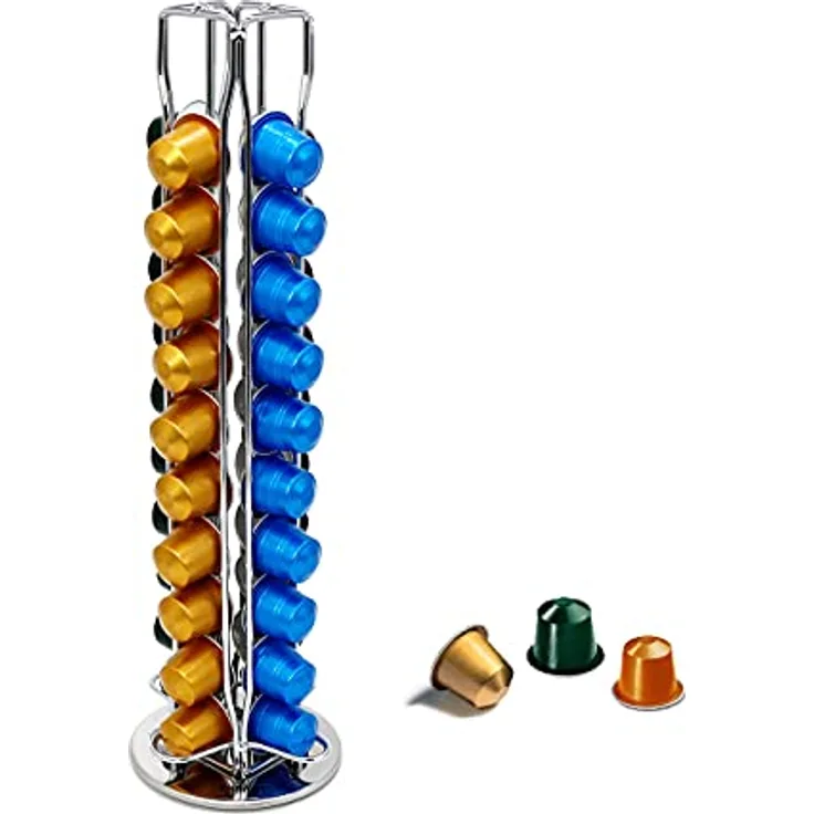 EXZACT Kaffeekapselhalter kompatibel für Nespresso (40 x Kapseln) - Ständer für Kaffeekapseln NESPRESSO Kaffeepad - Kapseldispenser/Kapselständer/Kapselhalter - 360° Drehbar und Rutschfest (Silber)