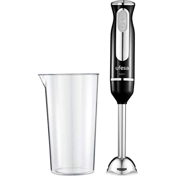UFESA BP3442 Stabmixer, 600 W, Turbo-Funktion, 2 Edelstahlklingen, ergonomisches Design, inkl. Messbecher, BPA-frei, schwarz
