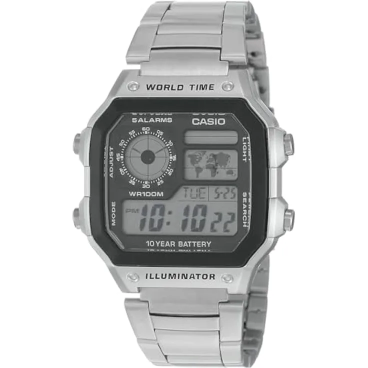 Casio Sports für Männer Armbanduhr Digital Quartz AE-1200WHD-1A, graues Edelstahlarmband, Display-Typ: Digital, 43 mm Zifferblattdurchmesser