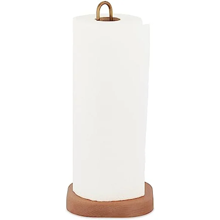 relaxdays Küchenrollenhalter aus Holz & Messing, freistehender Küchenpapierständer in Natur und Gold, sicherer Stand und dekorativer Materialmix – Bild 1