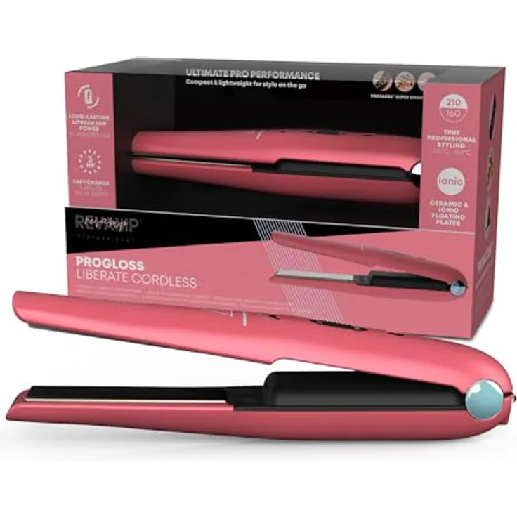 REVAMP Liberate Kabelloser Haarglätter - Rosa, Keramik-Ionen-Flacheisenplatten, Reiseschloss, hitzebeständige Reisetasche
