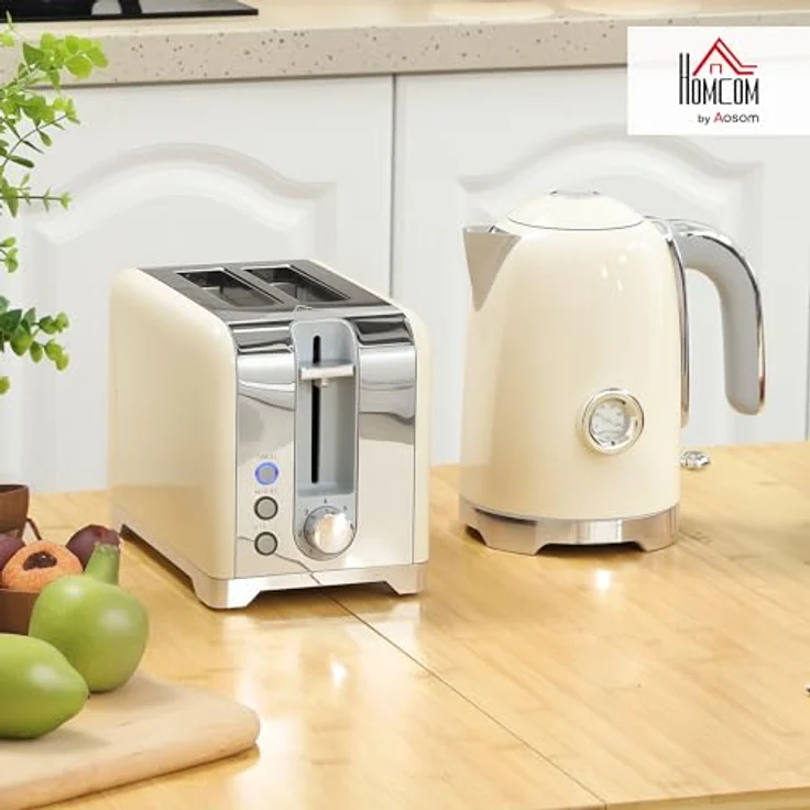 HOMCOM Toaster- und Wasserkocher-Set, 2 Schlitze Toaster mit 7 Bräunungsstufen und 1,7 L Wasserkocher, cremeweiß – Bild 2
