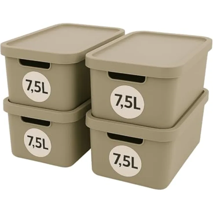 Plastard Aufbewahrungsboxen 7,5 L, 4er-Set, beige, BPA-frei, stapelbar, mit Deckel – Robuste Kunststoffbox für Küche, Bad, Büro, Kinderzimmer