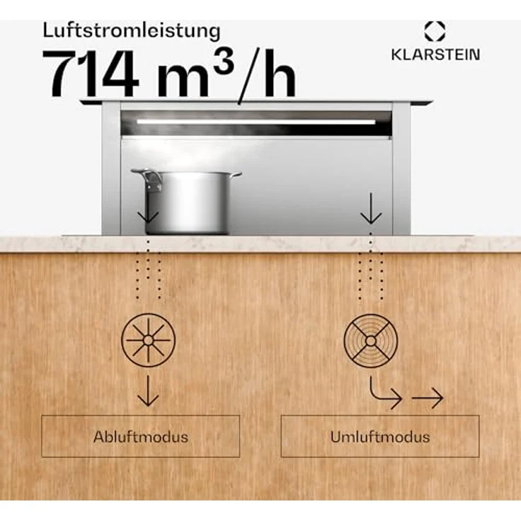 Klarstein Royal Flush 75 Downdraft Dunstabzugshaube, A++, 604 m³/h, Touch-Bedienfeld, LED-Licht, Edelstahl, leise mit 52 dB, ideal für Kücheninseln – Bild 2
