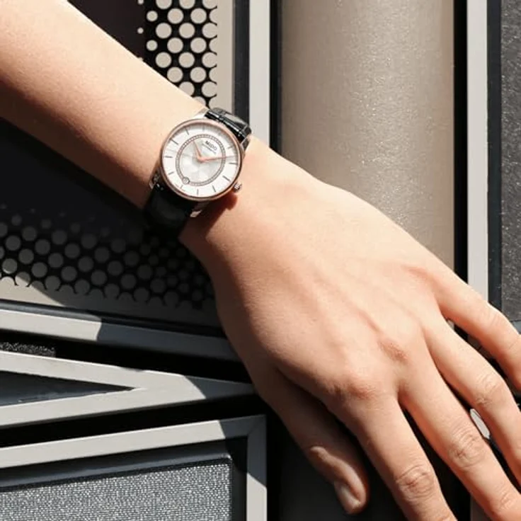 Mido Damen Armbanduhr Digital Automatik Leder M0072073611600, roségold mit Diamanten und schwarzem Lederband – Bild 5