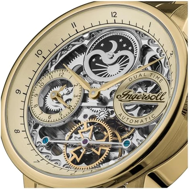 Ingersoll The Jazz 42 mm automatische Mondphasenuhr für Herren mit Skelettzifferblatt und goldenem Edelstahlarmband – Bild 2