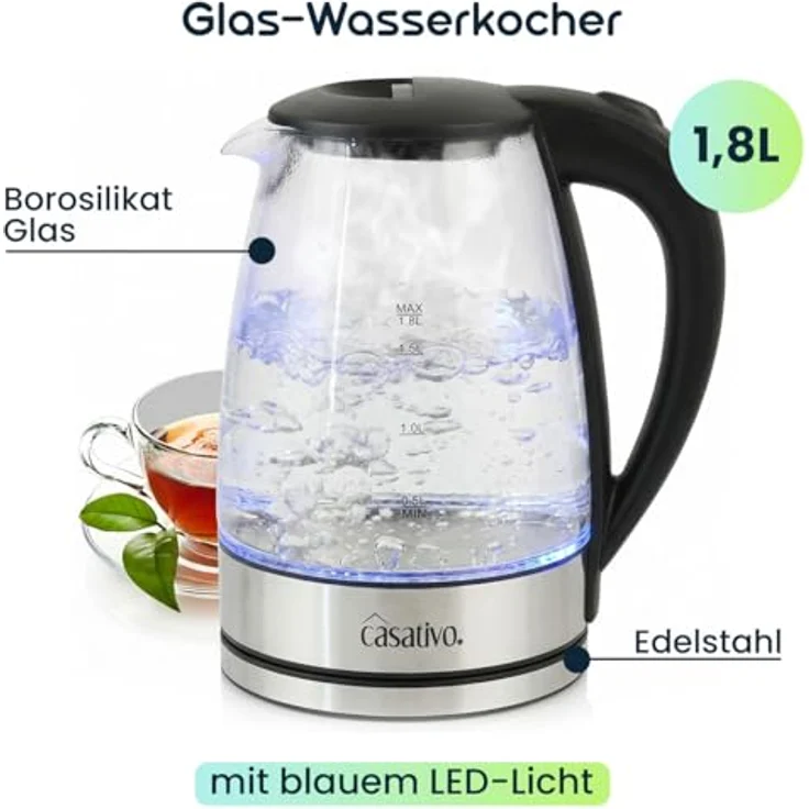 Casativo Edler Glas-Wasserkocher 1,8L mit blauer LED-Beleuchtung, Edelstahl, 2200W, Teekocher mit Abschaltautomatik & Trockenbetriebsschutz – Bild 4