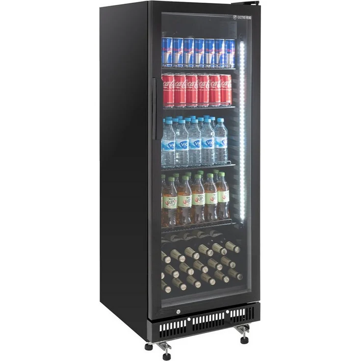 GastroHero Getränkekühlschrank GKSE230, 230 Liter mit Glastür und LED-Innenbeleuchtung, schwarz, 146,2 cm hoch, 53 cm breit