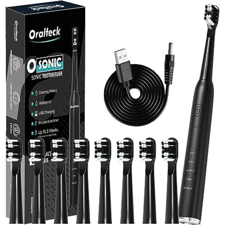 OSONIC Elektrische Schallzahnbürste mit 7 Bürstenköpfen Schallbürste für Erwachsene und Kinder, 5 Modi Aufhellung in 2 Wochen Timer 2 Min. IPX7 USB-Ladebatterie (schwarz)