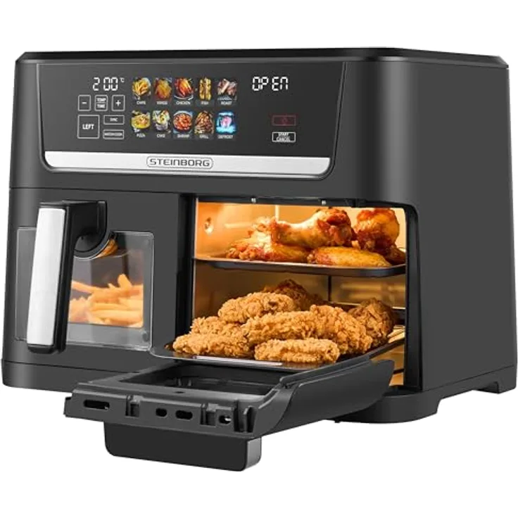 Steinborg® XXL Heißluftfritteuse Dual Zone 14L (8L + 6L), 1700W, 2 Kammern, Digital Display, 10 Programme, 60–200°C, ohne Öl frittieren, spülmaschinenfester Korb