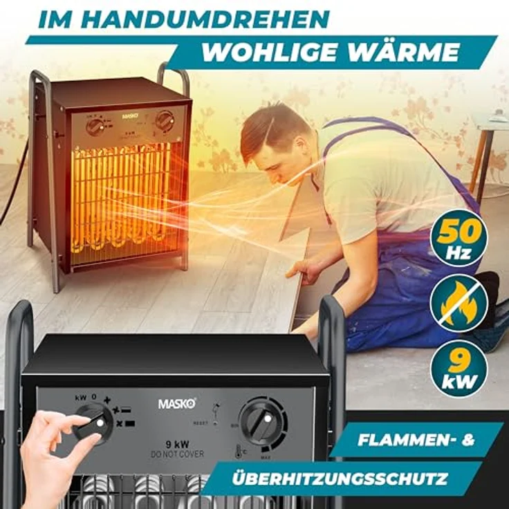 MASKO® Elektroheizer Heizlüfter 9 KW, elektrisch Heizgerät mit integriertem Thermostat, 3 Heizstufen, Anthrazit, für Innen- & Außeneinsatz – Bild 3