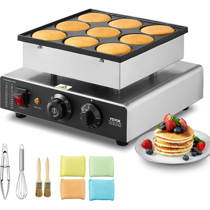 VEVOR Pancake-Maker Mini-Pfannkuchenmaker, 9 Stk., 850 W, Temperatur- und Zeitregelung, Edelstahl, Silber