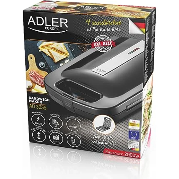 Adler AD 3055 XXL-Sandwich-Maker, 2000 Watt, 24 x 22 cm Grillfläche, für 4 Toast-Scheiben, antihaftbeschichtet, Kunststoff, schwarz – Bild 8