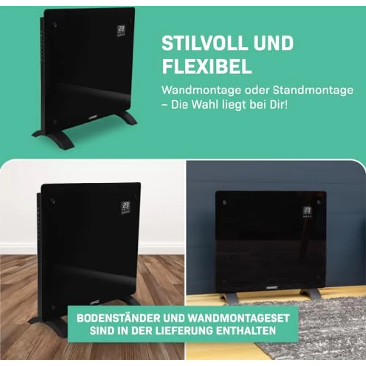 VONROC Elektroheizung, Konvektor-Heizung - Energiesparende elektrische Heizung bis 12m2 - Wand-/Bodenmontage - 2 Stufen 500W & 1000W, Manuelle/App Steuerung - Schwarz – Bild 4
