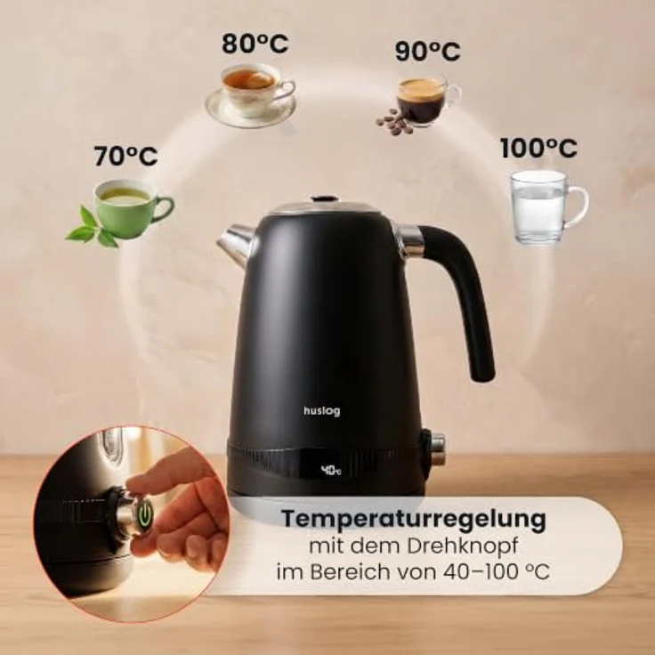 Huslog Elektrischer Wasserkocher Retro Edelstahl mit Temperaturanzeige, 1,7L, 2200W, 7-stufige Temperaturregelung – Bild 7