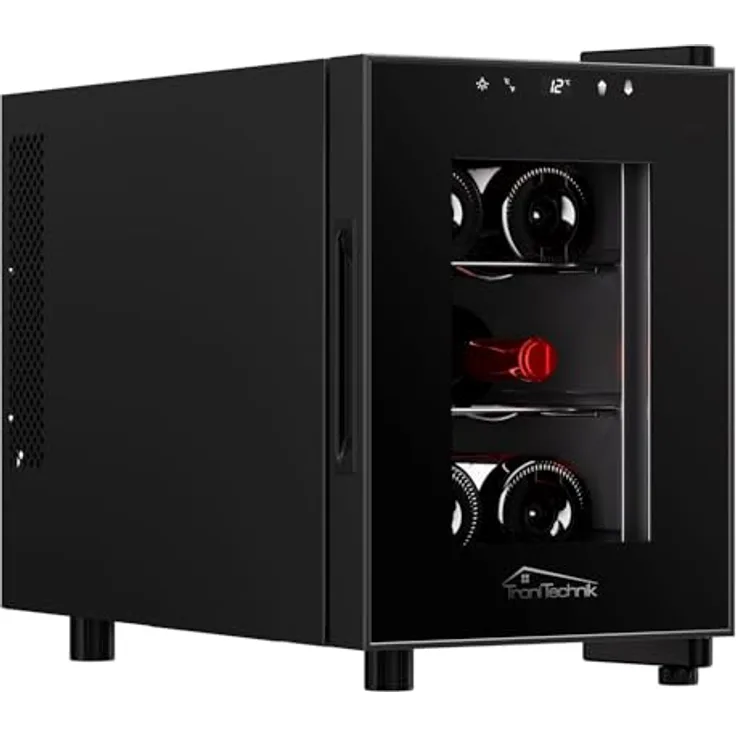 Tronitechnik® Weinkühlschrank Montpellier, Mini-Kühlschrank 17 Liter, 6 Flaschen, LED Licht, freistehend, Edelstahl