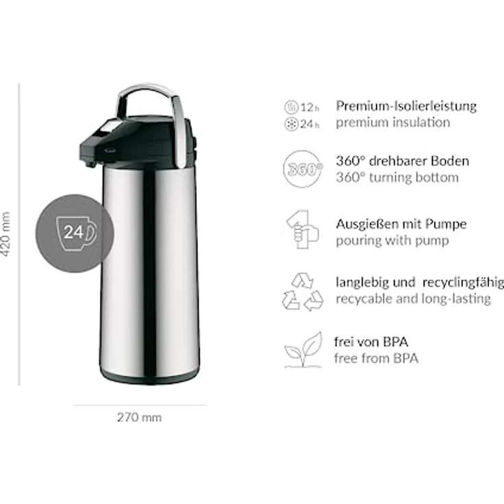 alfi 0987.000.300 Getränkespender, Pumpkanne, Edelstahl poliert 3,0 Liter, 12 Stunden heiß, 24 Stunden kalt – Bild 6