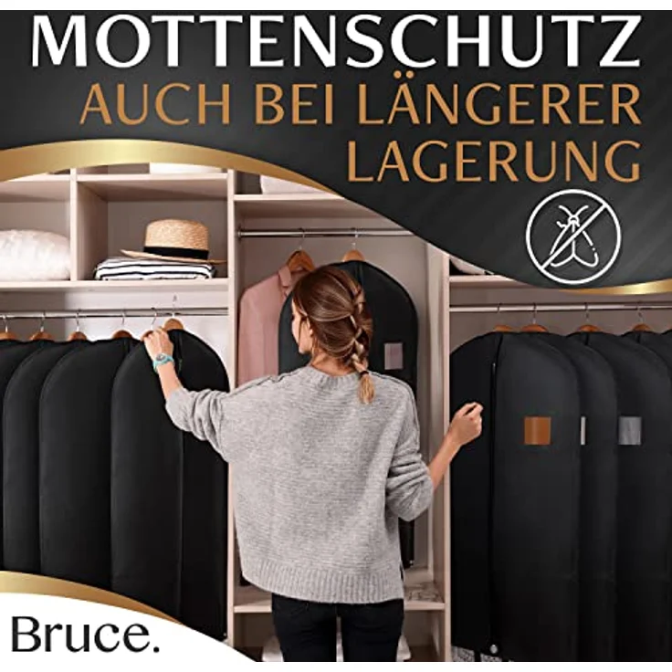 Bruce.® 3x Kleidersack Lang 180x60 cm, mottensichere Aufbewahrung mit Schuhbeutel – Schwarz – Bild 5